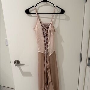 Champagne & Nude Layered Chiffon Dress with Ribbon Lace-Up Back